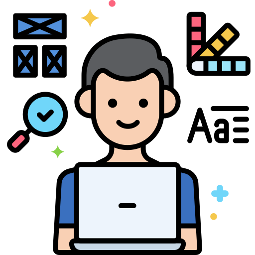 Art depicting a man at a computer coming up with ideas